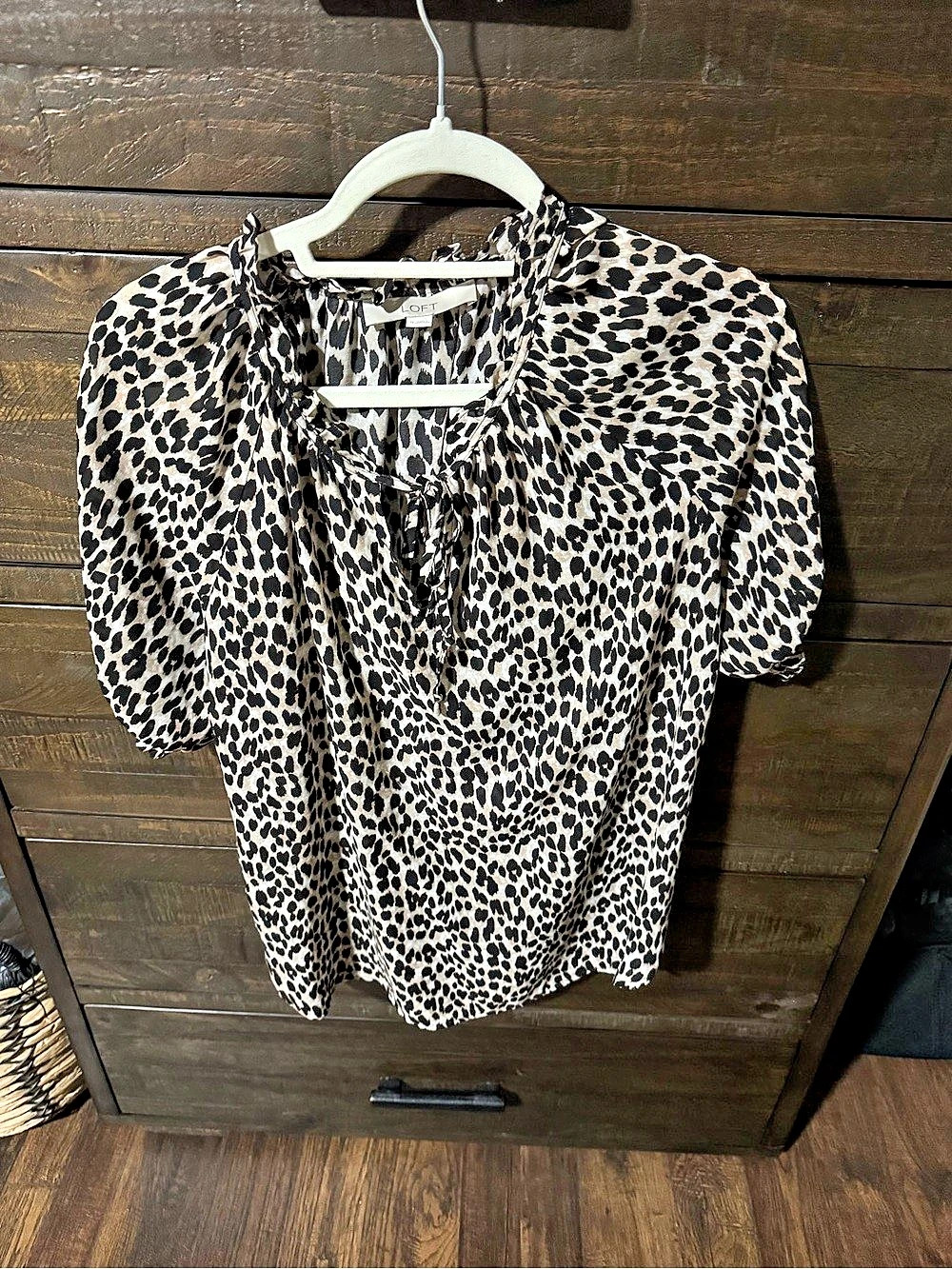 LOFT Animal Print Blouse in White & Black Size Medium
